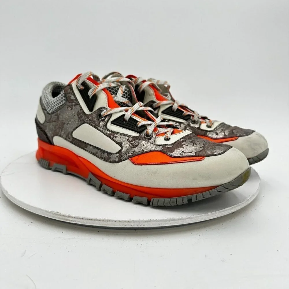 Lanvin Men Size 8 Silver Metallic White Orange Mesh Low Trainer Running Shoes